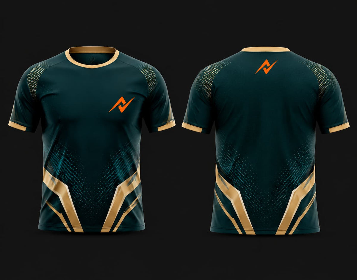 Front and back view of a dark teal and gold round neck cricket jersey with premium geometric accents and orange chest logo for custom cricket teams.