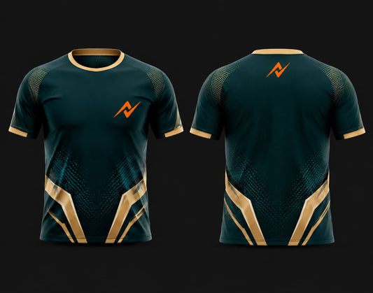 Front and back view of a dark teal and gold round neck cricket jersey with premium geometric accents and orange chest logo for custom cricket teams.