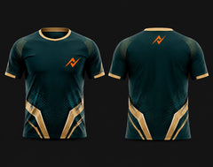 Front and back view of a dark teal and gold round neck cricket jersey with premium geometric accents and orange chest logo for custom cricket teams.