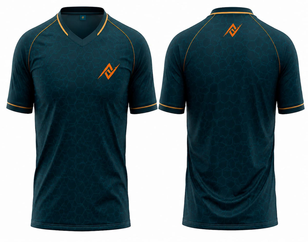 Front and back view of a dark teal V-neck cricket jersey featuring a subtle hexagon pattern with gold accents and custom logo placement on the chest and below the back neckline.