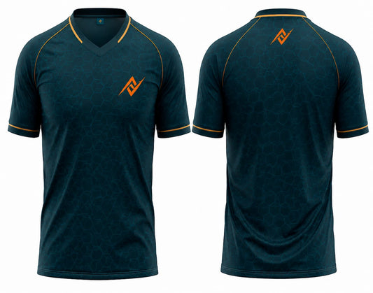 Front and back view of a dark teal V-neck cricket jersey featuring a subtle hexagon pattern with gold accents and custom logo placement on the chest and below the back neckline.