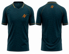 Front and back view of a dark teal V-neck cricket jersey featuring a subtle hexagon pattern with gold accents and custom logo placement on the chest and below the back neckline.