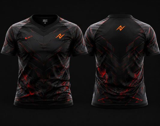 Front and back view of Dark Vortex premium esports jersey featuring black and crimson tactical graphics, angular patterns, round neck collar, and professional gaming apparel styling.
