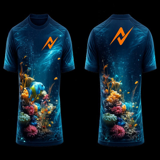 Deep Ocean Coral Fish Sublimation Round Neck Sports Jersey featuring colorful coral reefs and tropical fish with front and back views.
