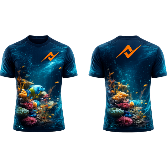 Deep Ocean Coral Fish Sublimation Round Neck Sports Jersey featuring colorful coral reefs and tropical fish with front and back views.