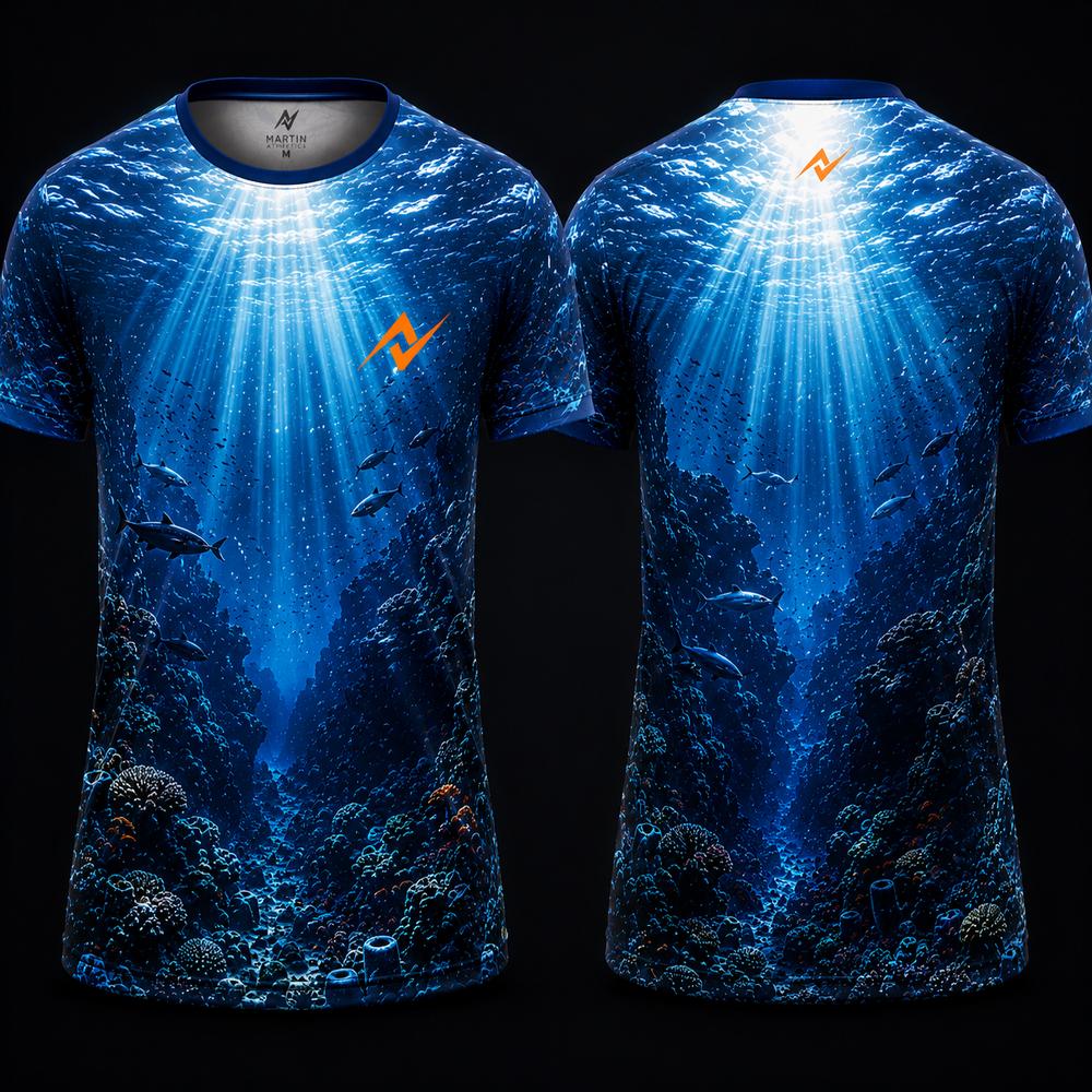 Deep Ocean Fish Reef Sublimation Round Neck Sports Jersey featuring underwater coral reefs, swimming fish, radiant sun rays, and front and back views.