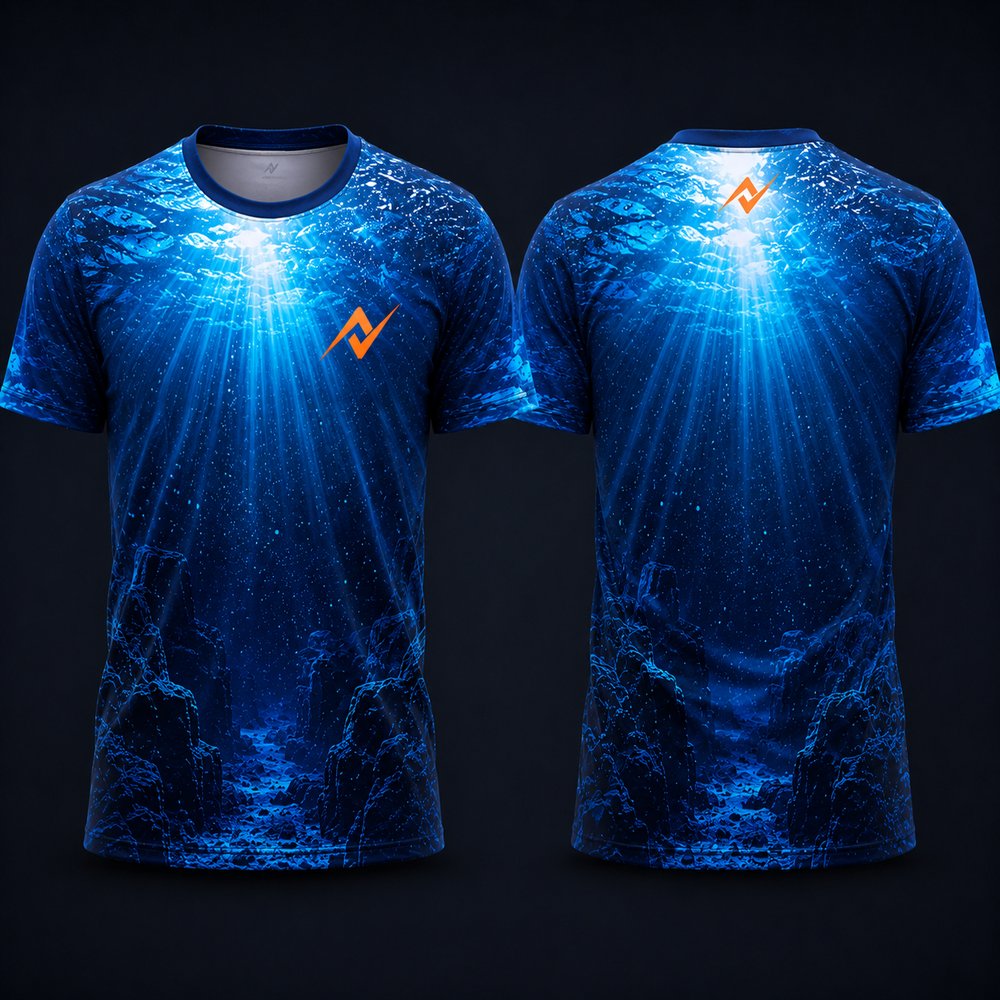Deep Ocean Light Rays Sublimation Round Neck Sports Jersey featuring radiant blue underwater sunlight beams and marine rock formations with front and back views.