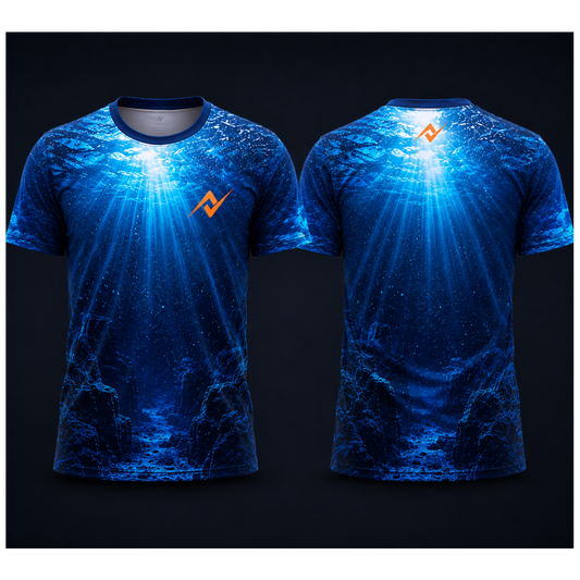 Deep Ocean Light Rays Sublimation Round Neck Sports Jersey featuring radiant blue underwater sunlight beams and marine rock formations with front and back views.