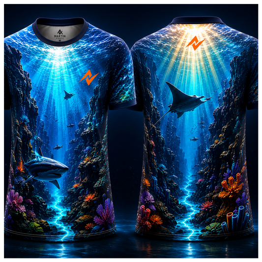 Deep Ocean Shark Reef Sublimation Round Neck Sports Jersey featuring underwater canyon, sharks, coral reefs, and blue marine artwork with front and back views.