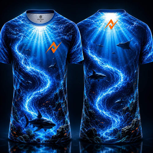 Deep Ocean Shark Sublimation Round Neck Sports Jersey in blue with underwater shark graphics, front and back view by Next Print.