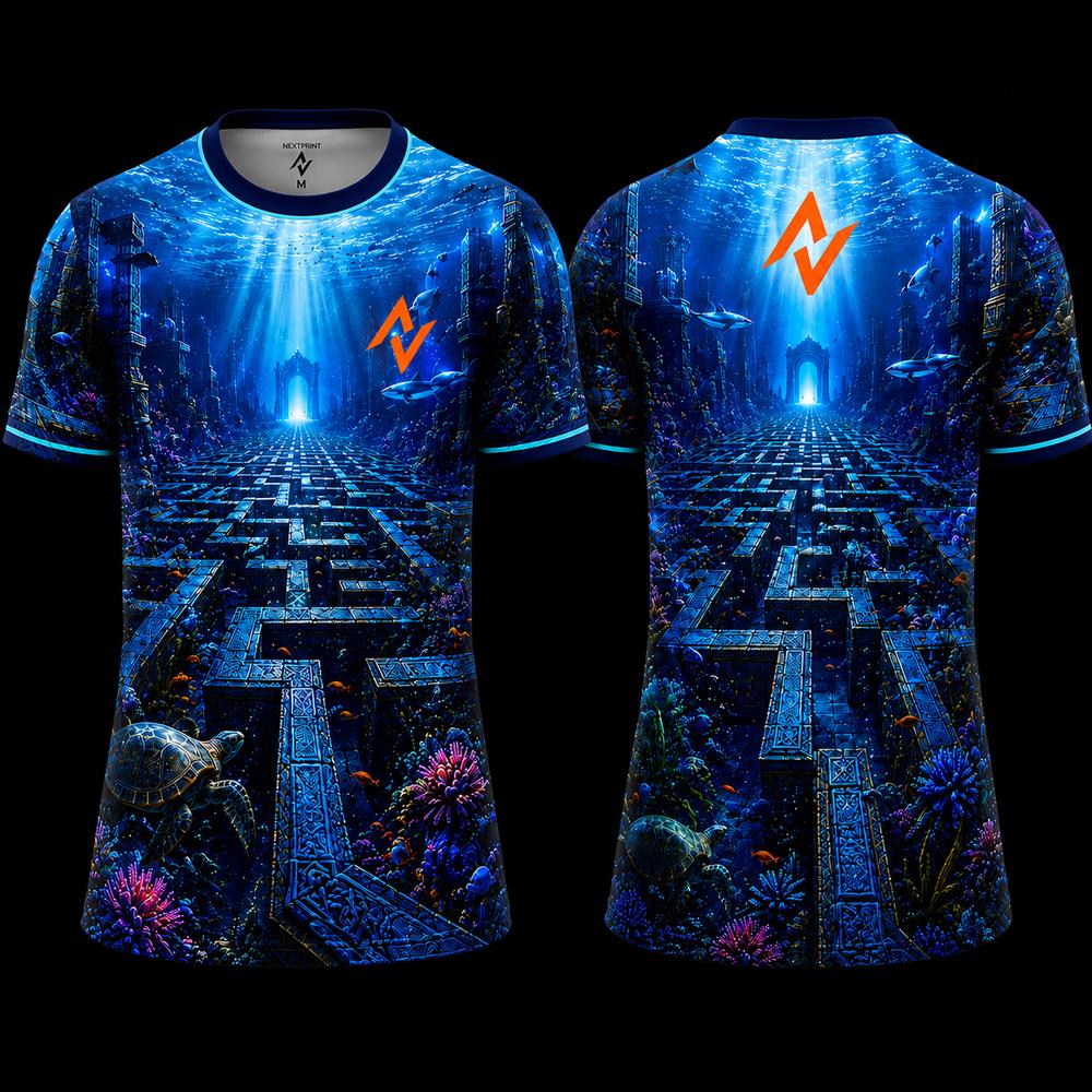 Deep Ocean Underwater Maze Turtle Shark Round Neck Sports Jersey with premium blue marine sublimation design by Next Print.