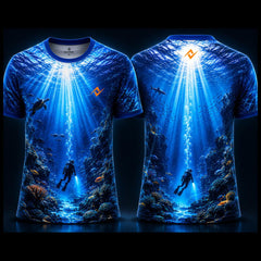 Deep Sea Diver Ocean Round Neck Sublimation Sports Jersey featuring underwater scuba diver, coral reef, sea turtle and marine life artwork, front and back view by Next Print.