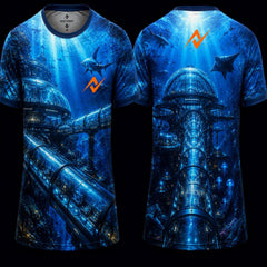 Deep Sea Observatory Sublimation Round Neck Sports Jersey featuring a futuristic underwater city, glass tunnels, sharks, and marine life with front and back views.