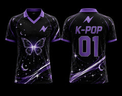 Front and back view of a black and purple V-neck polo K-pop jersey featuring a glowing butterfly, crescent moon, galaxy graphics, and premium sublimation printing.