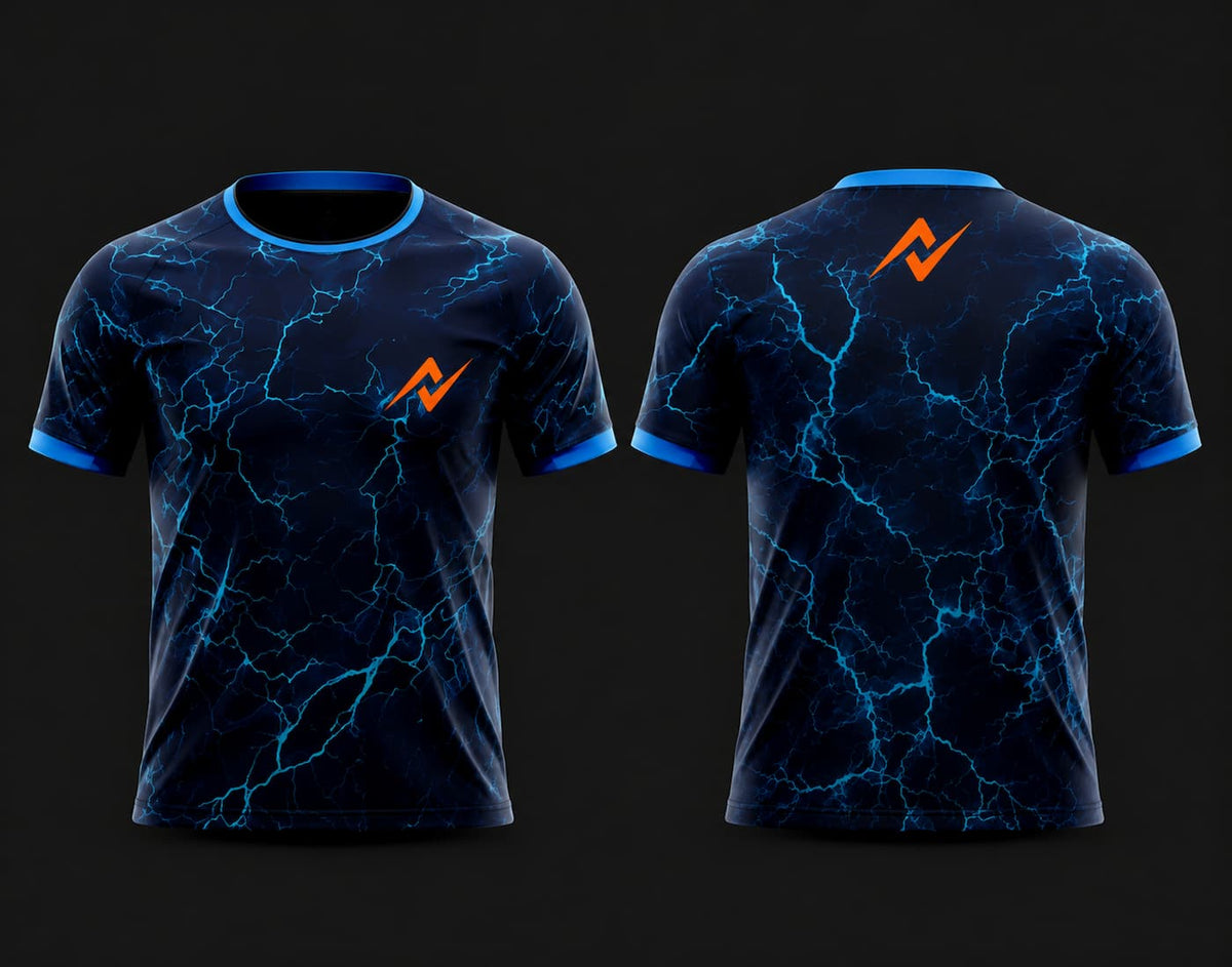 Front and back view of an electric blue lightning round neck cricket jersey featuring blue crack graphics on a navy background with an orange chest logo, customizable for cricket teams.