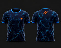 Front and back view of an electric blue lightning round neck cricket jersey featuring blue crack graphics on a navy background with an orange chest logo, customizable for cricket teams.
