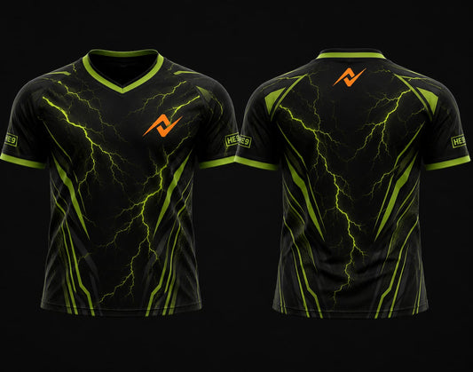 Front and back view of the Electro Pulse black and neon green V-neck esports jersey featuring electric lightning graphics with a custom logo on the chest and below the back collar.