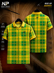 Front and back view of the Elite Emerald Check Polo Sports Jersey featuring a vibrant yellow and emerald green check pattern with premium dry-fit fabric and a polo V-neck collar.