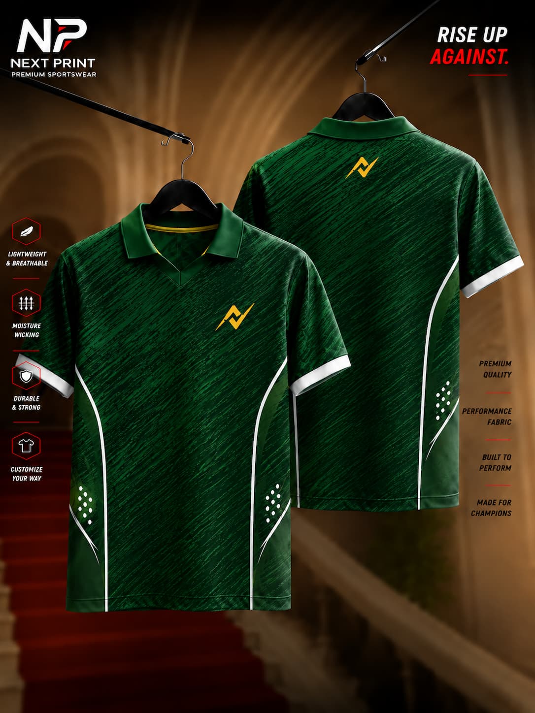 Front and back view of Elite Forest Edge polo sports jersey featuring dark green textured diagonal graphics, white side accents, polo V-neck collar, and premium dry-fit fabric.