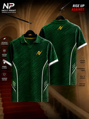 Front and back view of Elite Forest Edge polo sports jersey featuring dark green textured diagonal graphics, white side accents, polo V-neck collar, and premium dry-fit fabric.