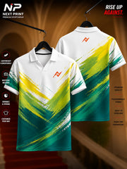 Front and back view of Elite Fusion white polo sports jersey featuring green and yellow brushstroke graphics with premium dry-fit performance fabric.