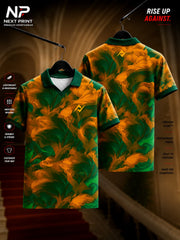 Premium polo V-neck sports jersey featuring a tropical floral pattern in orange, yellow, and green with front and back views.