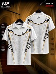 White polo sports jersey featuring bold black and gold geometric graphics with premium dry-fit fabric, front and back view.