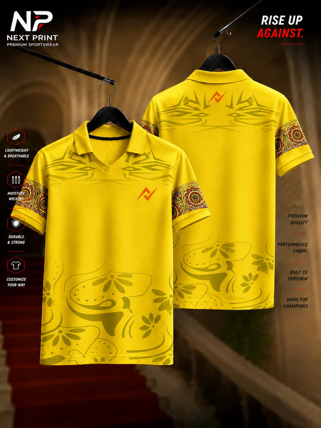 Front and back view of the Elite Heritage Fusion Polo Sports Jersey featuring tribal shoulder graphics, decorative patterned sleeves, artistic lower graphics, and a yellow premium polo design.