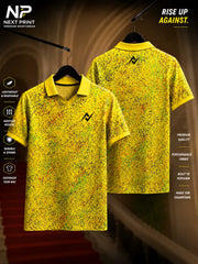 Elite Paint Splash yellow polo sports jersey featuring vibrant multicolor paint splatter graphics with front and back views.