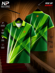 Front and back view of the Elite Radiant Strike Green Polo Sports Jersey featuring radiant diagonal light streaks with angular geometric green graphics and a modern polo collar.