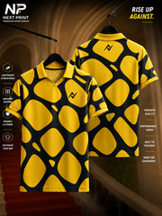 Elite Safari Abstract yellow and black polo sports jersey featuring oversized organic geometric patterns with front and back views.