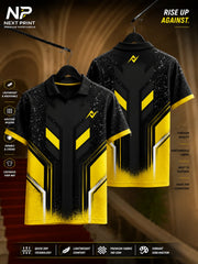 Black and yellow premium polo sports jersey featuring futuristic geometric graphics with front and back views in breathable dry-fit fabric.