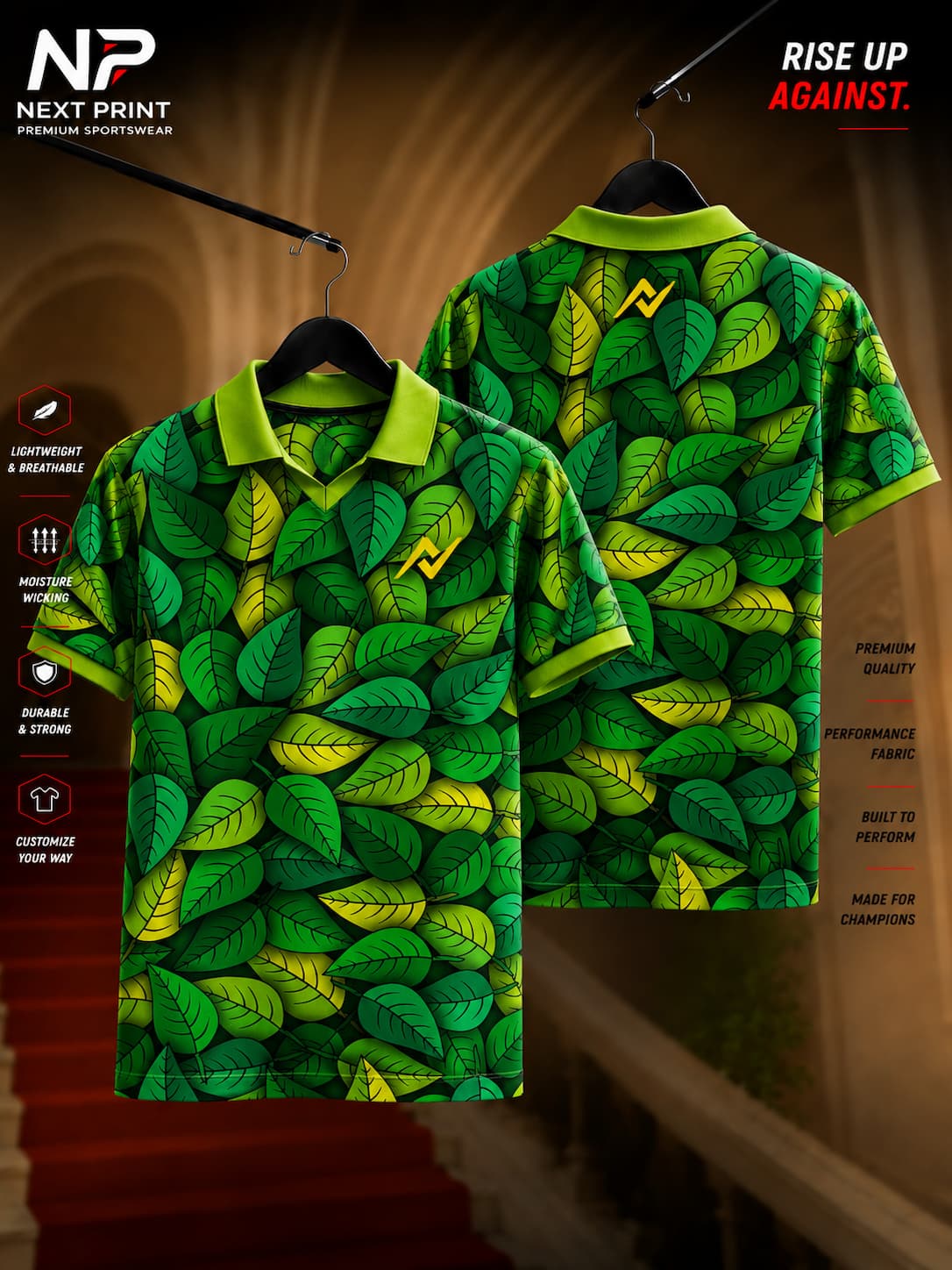 Elite tropical leaf pattern green polo V-neck dry-fit sports jersey with front and back views.