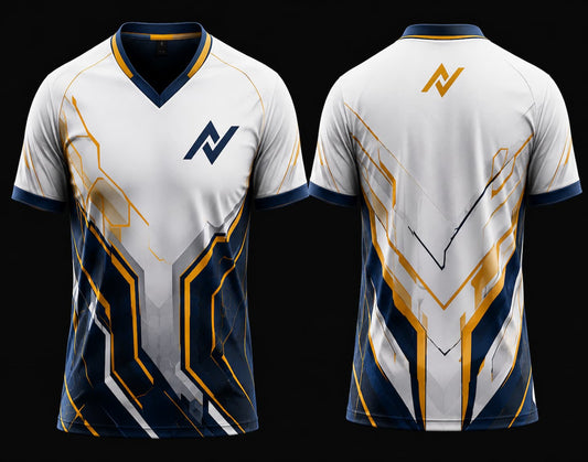 Front and back mockup of a white, navy blue, and gold V-neck esports jersey featuring futuristic geometric armor-inspired graphics with chest logo and back neck logo.