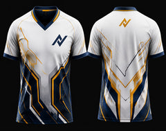 Front and back mockup of a white, navy blue, and gold V-neck esports jersey featuring futuristic geometric armor-inspired graphics with chest logo and back neck logo.
