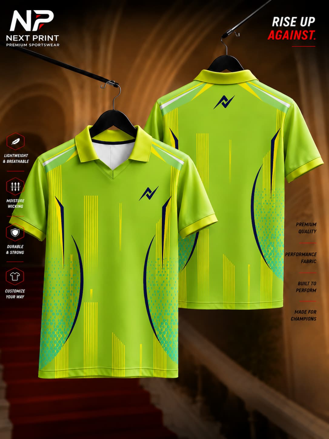 Elite Volt Strike neon green polo sports jersey with vertical stripe graphics, front and back performance jersey design.