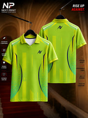 Elite Volt Strike neon green polo sports jersey with vertical stripe graphics, front and back performance jersey design.