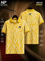 Elite Wave Fusion yellow and white polo sports jersey featuring an abstract flowing wave pattern with front and back views.