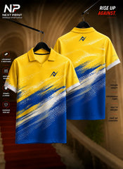 Yellow and royal blue polo sports jersey featuring dynamic diagonal brush-stroke graphics with front and back views on premium dry-fit fabric.