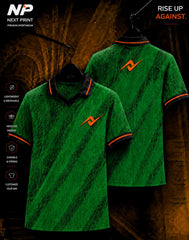 Emerald green abstract texture sublimation polo sports jersey with orange Next Print logo, front and back view