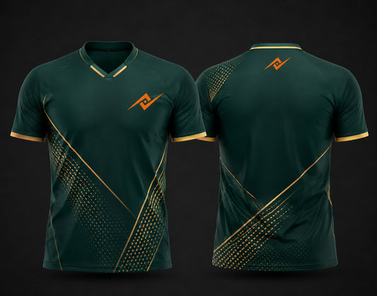 Front and back view of an emerald green custom V-neck cricket jersey featuring elegant gold geometric graphics with a custom chest logo and back neck logo.