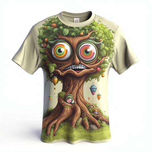 Next Print t - shirt that has a tree with a face and a monster on it