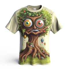 Next Print t - shirt that has a tree with a face and a monster on it