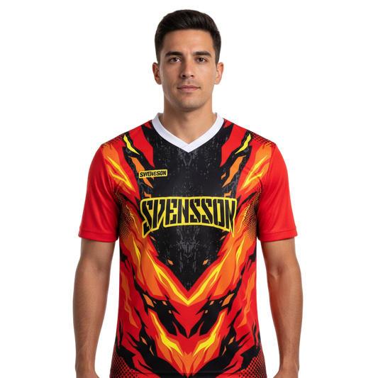 Next Print Fiery Soccer Jersey Design with Abstract Flames and Sponsor Logo