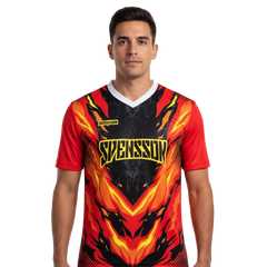 Next Print Fiery Soccer Jersey Design with Abstract Flames and Sponsor Logo