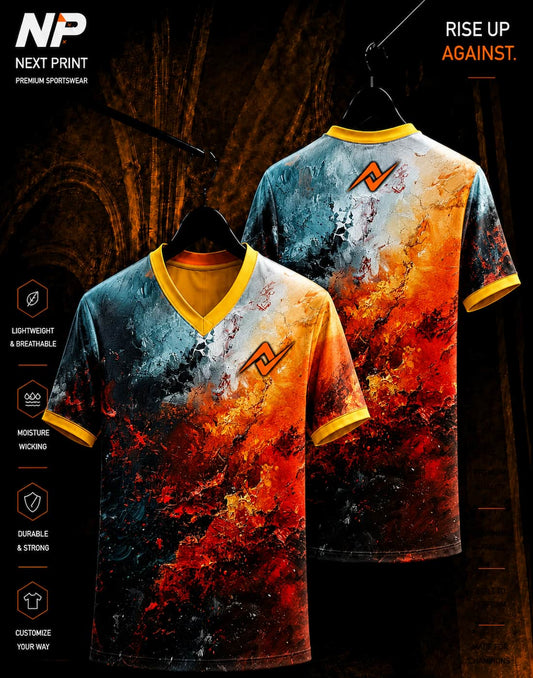 Fire and Ice abstract sublimation V-neck sports jersey with red orange blue and black design by Next Print
