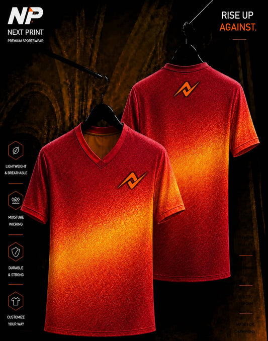 Firestorm red and orange gradient V-neck sublimation sports jersey front and back by Next Print