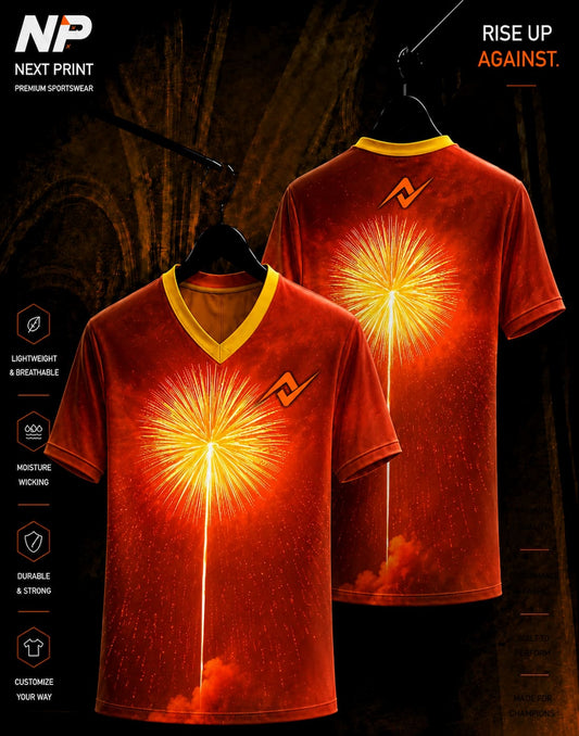 Firework Burst red and gold sublimation V-neck sports jersey front and back by Next Print