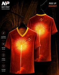 Firework Burst red and gold sublimation V-neck sports jersey front and back by Next Print