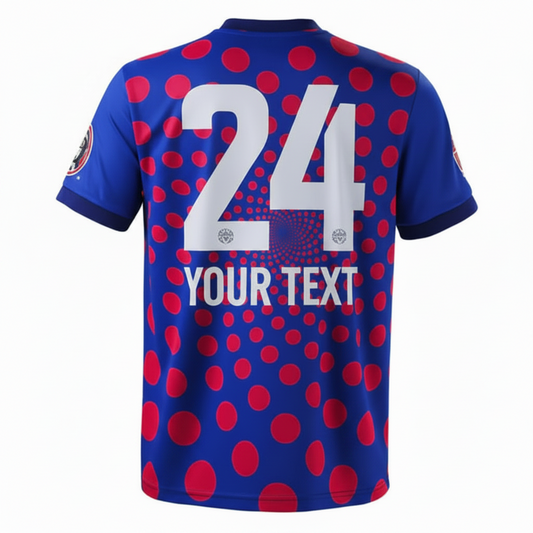 Kansas City blue soccer jersey with red dot pattern and white tournament graphic